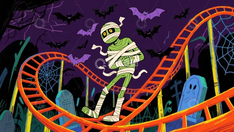 高清大图下载【趣麦麦图】木乃伊在万圣节过山车上狂欢