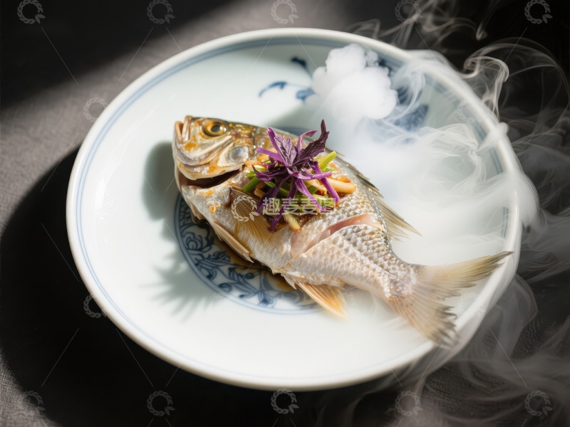 高清大图下载【趣麦麦图】烟雾缭绕的盘中鱼料理