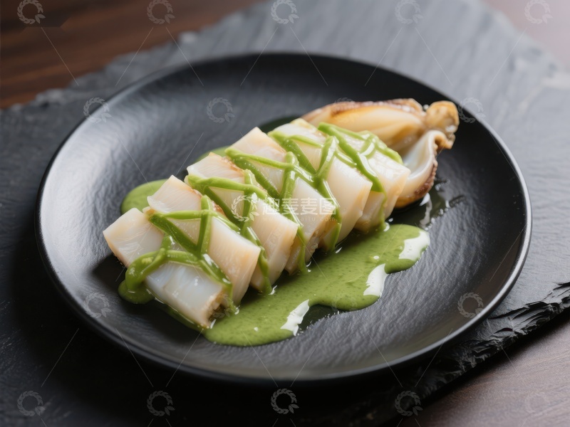 精致鱿鱼料理配绿色酱汁