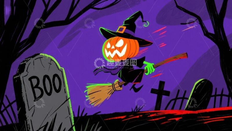 高清大图下载【趣麦麦图】万圣节南瓜巫师夜飞墓地