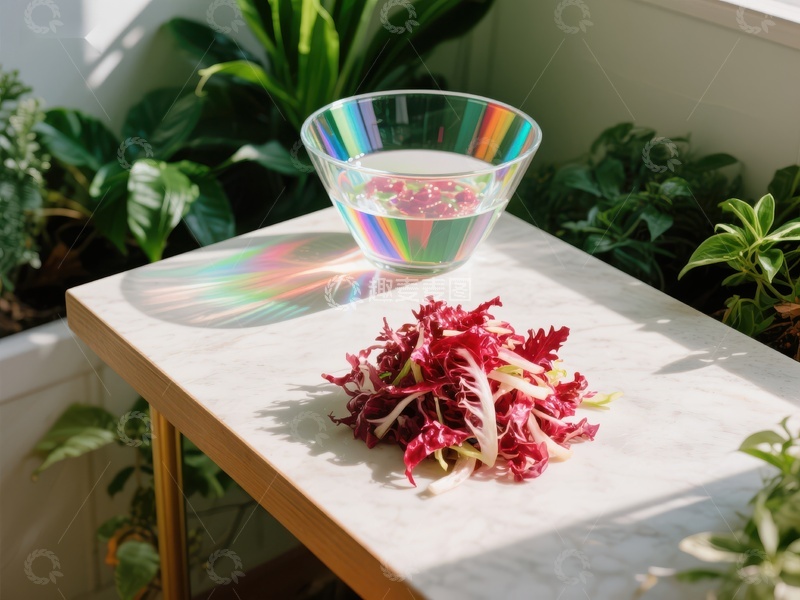 高清大图下载【趣麦麦图】阳光下的彩色玻璃碗与红叶装饰