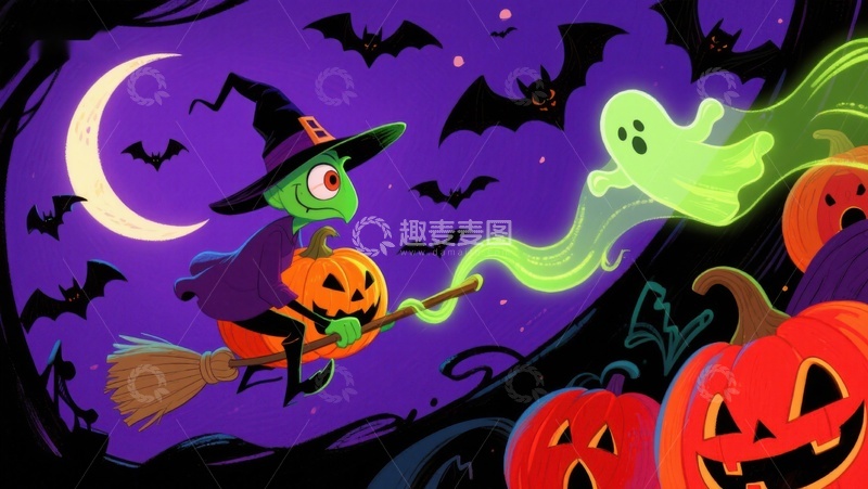 高清大图下载【趣麦麦图】万圣夜巫师与幽灵的奇幻飞行