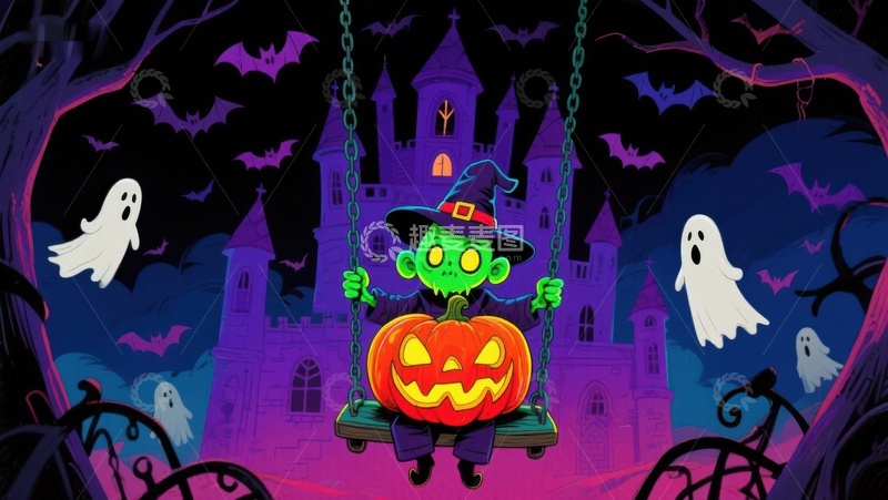 高清大图下载【趣麦麦图】万圣节南瓜精灵在城堡前荡秋千