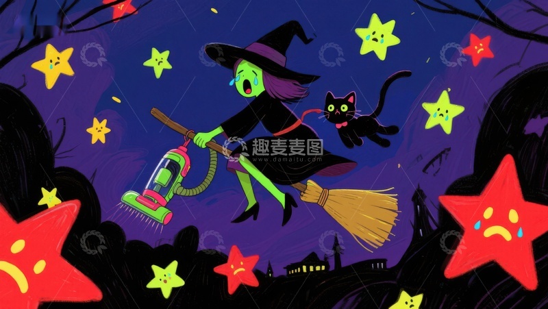 高清大图下载【趣麦麦图】巫女夜空扫帚飞行