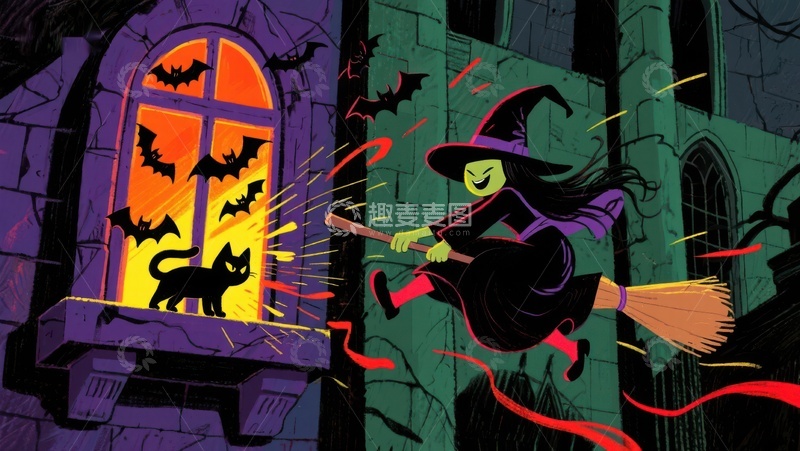 高清大图下载【趣麦麦图】女巫骑扫帚飞过城堡窗前