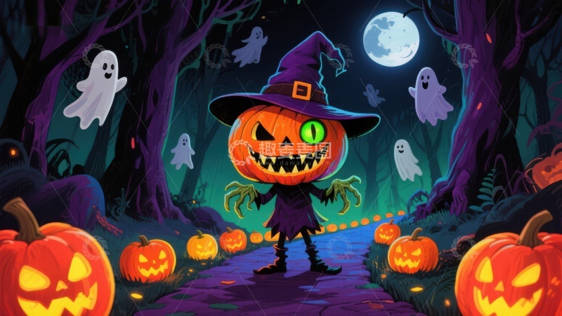 高清大图下载【趣麦麦图】万圣节南瓜灯与幽灵的神秘森林