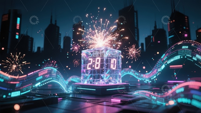 未来城市夜景中的数字倒计时