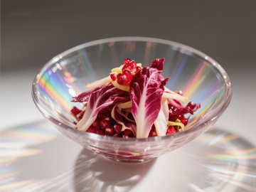 彩虹玻璃碗中的红菊苣沙拉