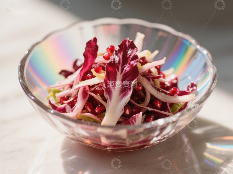 高清大图下载【趣麦麦图】彩虹玻璃碗中的红叶生菜沙拉