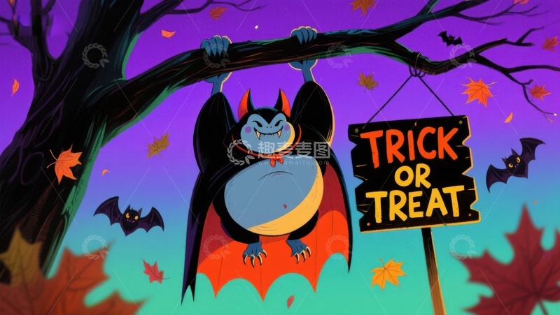 高清大图下载【趣麦麦图】万圣节蝙蝠挂树上，手持&ldquo;不给糖就捣蛋&rdquo;牌子
