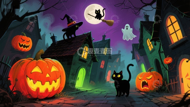 高清大图下载【趣麦麦图】万圣节夜景：南瓜灯与幽灵