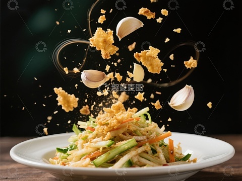 新鲜蔬菜沙拉与蒜瓣、面包屑空中飞舞