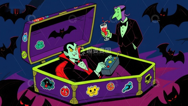 高清大图下载【趣麦麦图】吸血鬼在棺材中享受饮料