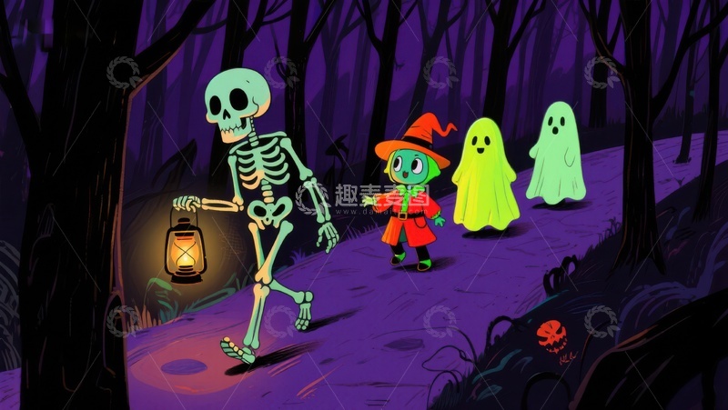 高清大图下载【趣麦麦图】万圣节夜森林中的骷髅与幽灵