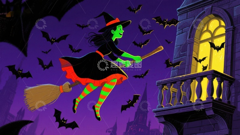 高清大图下载【趣麦麦图】万圣夜女巫骑扫帚飞过古堡