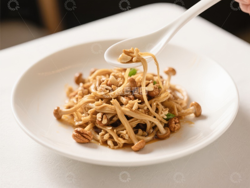 高清大图下载【趣麦麦图】金针菇炒坚果，美味健康佳肴