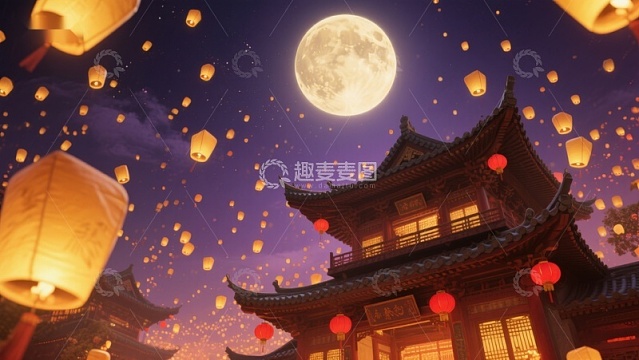 夜空下的古建筑与孔明灯