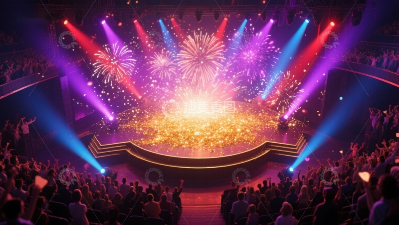 高清大图下载【趣麦麦图】舞台烟花绽放，观众热烈欢呼