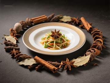 香料环绕的精致菜肴