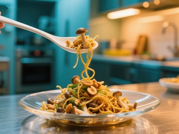 美味炒面，勺子舀起瞬间