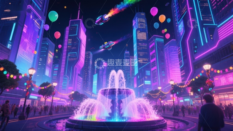 高清大图下载【趣麦麦图】霓虹都市夜景与喷泉