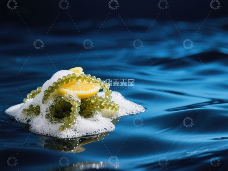 高清大图下载【趣麦麦图】泡沫上的柠檬与绿色颗粒