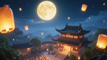 月夜古寺，灯笼飘浮