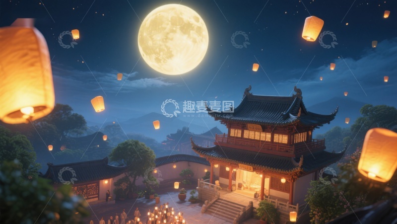 高清大图下载【趣麦麦图】月夜古寺，灯笼飘浮
