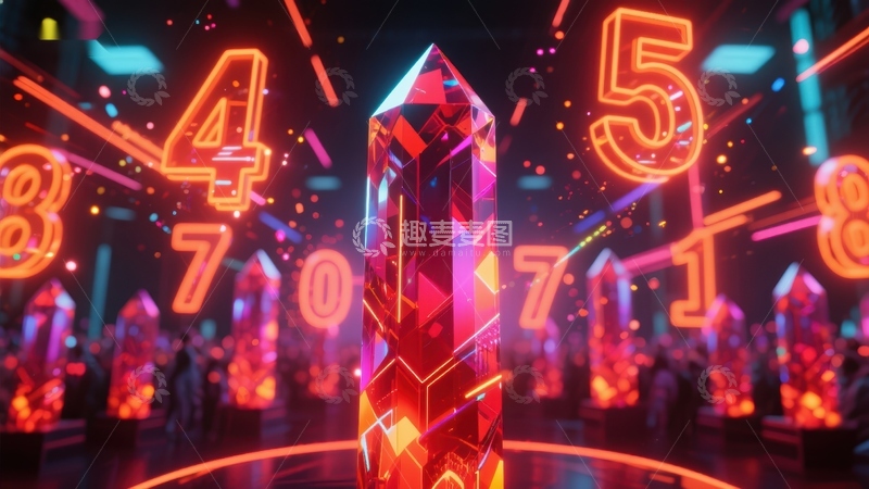 高清大图下载【趣麦麦图】霓虹数字与水晶柱的未来科技场景