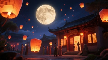 月下古寺，灯笼飘扬