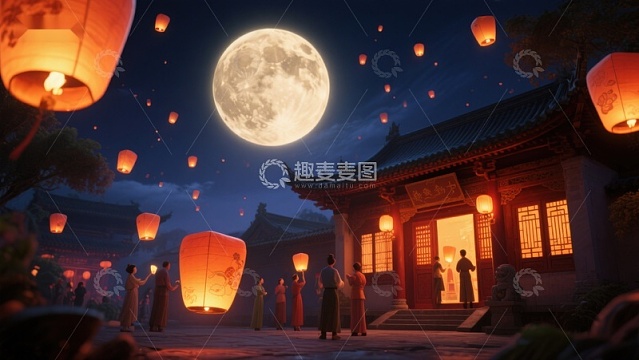 月下古寺，灯笼飘扬
