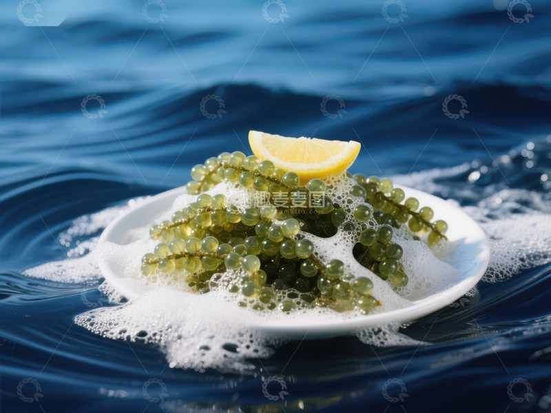 高清大图下载【趣麦麦图】海葡萄配柠檬，置于海洋之上