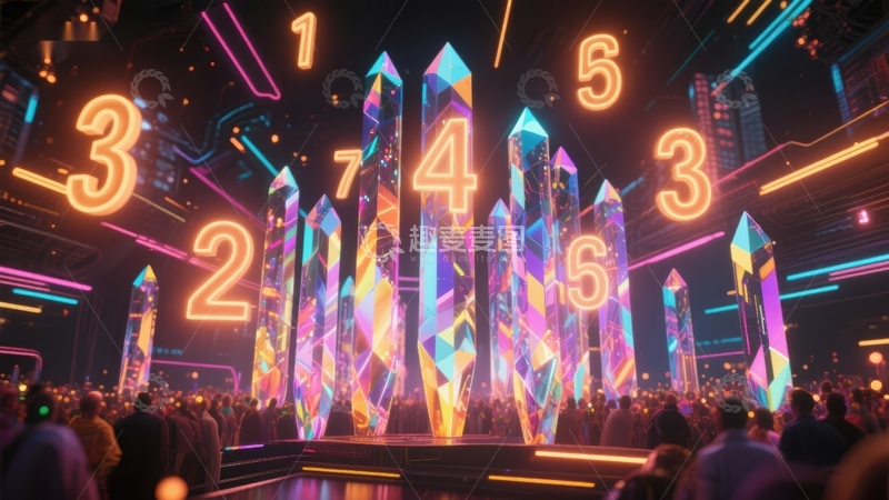 高清大图下载【趣麦麦图】霓虹数字与水晶柱的未来科技场景