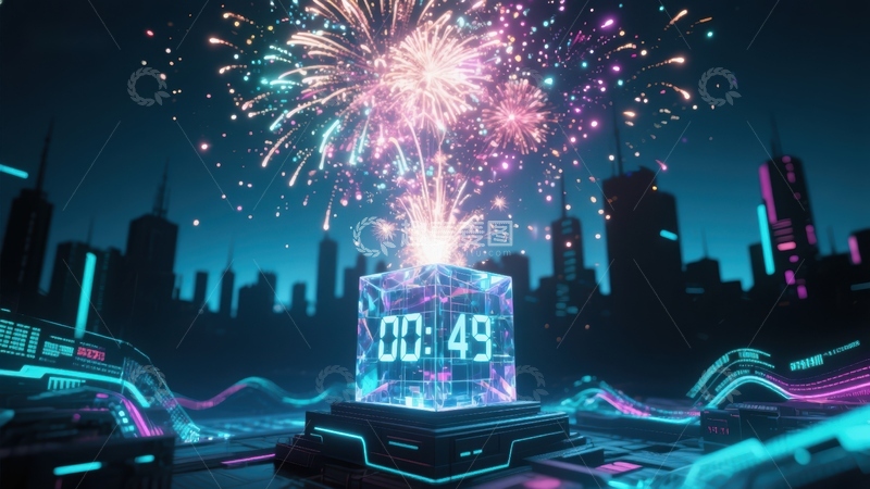 高清大图下载【趣麦麦图】未来城市夜景中的倒计时烟花