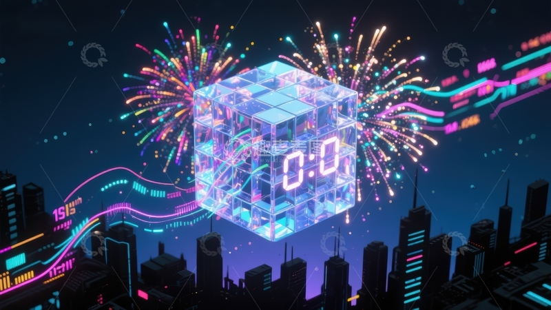 高清大图下载【趣麦麦图】未来城市夜景中的数字立方体