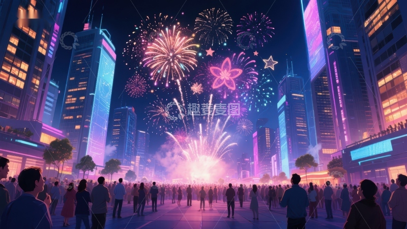 高清大图下载【趣麦麦图】城市夜景烟花庆典