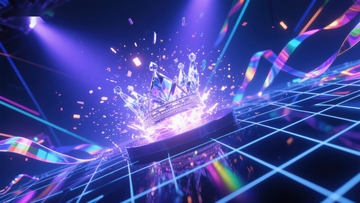 霓虹灯光下的皇冠与彩带