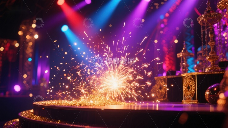 高清大图下载【趣麦麦图】舞台烟花绽放，灯光璀璨夺目