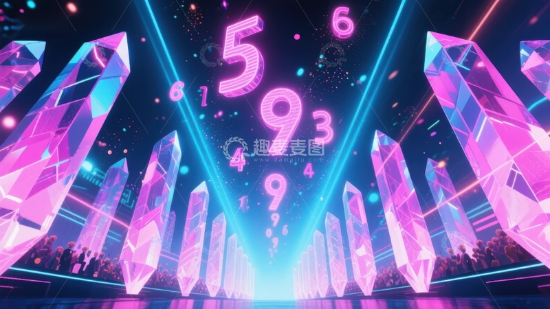 高清大图下载【趣麦麦图】霓虹数字与水晶柱的未来科技场景