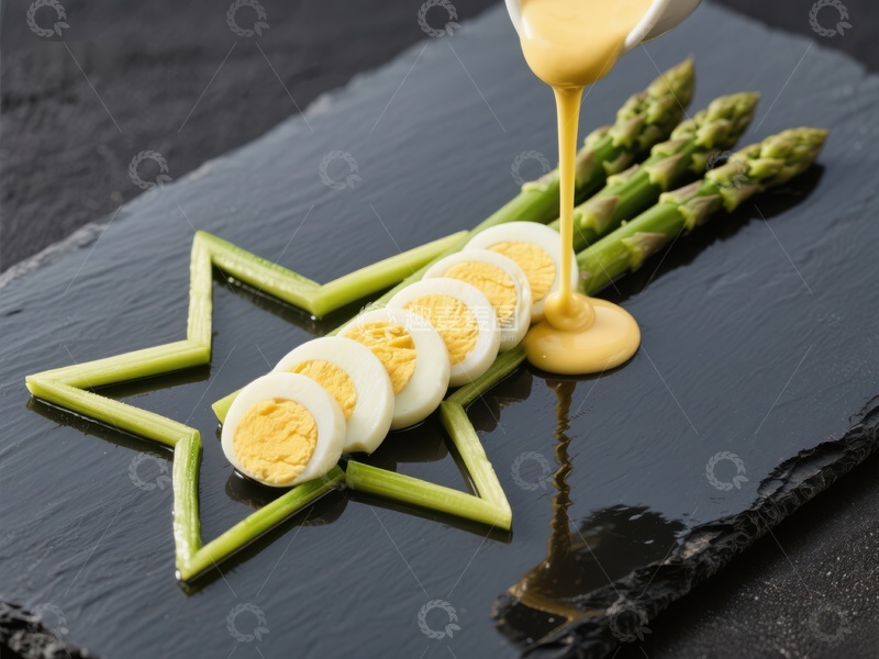高清大图下载【趣麦麦图】创意芦笋鸡蛋摆盘，淋上酱汁