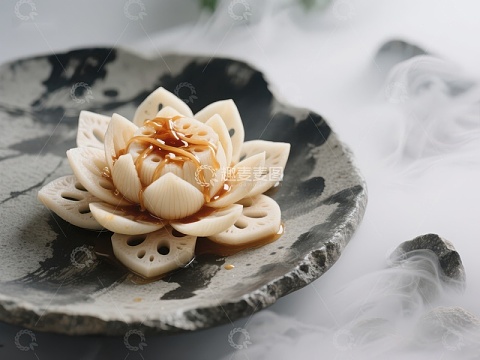 莲藕花式摆盘，淋酱点缀