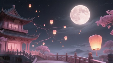 月下古桥，灯笼飘逸