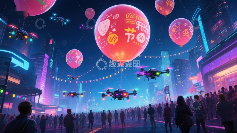高清大图下载【趣麦麦图】未来城市夜景中的热气球与无人机