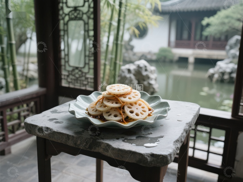高清大图下载【趣麦麦图】莲藕片摆盘，古典园林背景