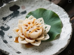 莲藕花式摆盘，淋上酱汁
