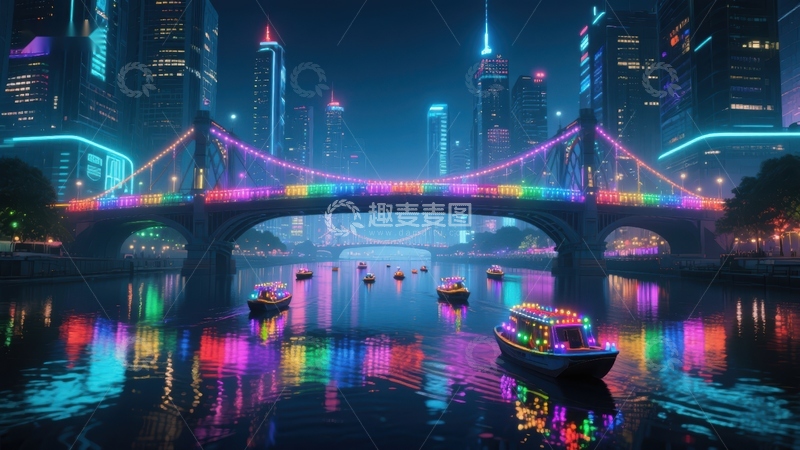 高清大图下载【趣麦麦图】-霓虹桥夜景，城市灯火辉煌