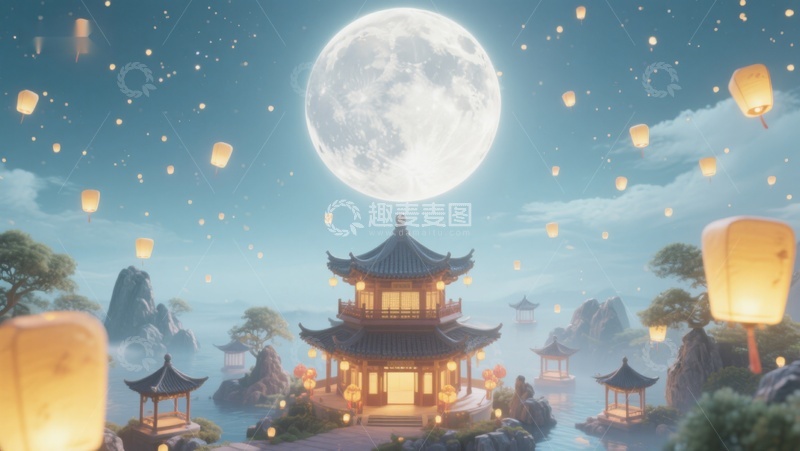 高清大图下载【趣麦麦图】月夜古寺，灯笼飘浮