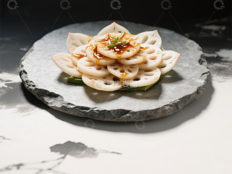 高清大图下载【趣麦麦图】精致莲藕片摆盘，佐以酱料点缀