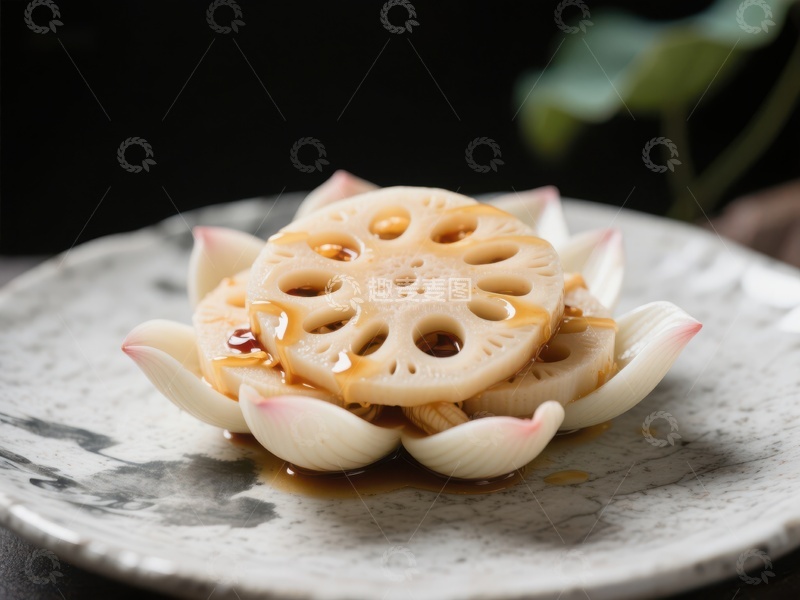 高清大图下载【趣麦麦图】精致莲藕摆盘，点缀花瓣与酱汁