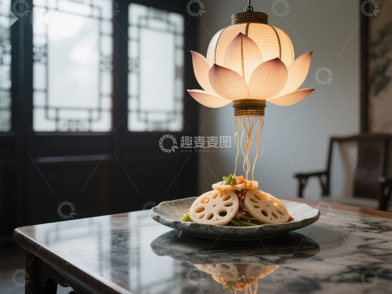高清大图下载【趣麦麦图】莲花灯下的精致莲藕菜肴
